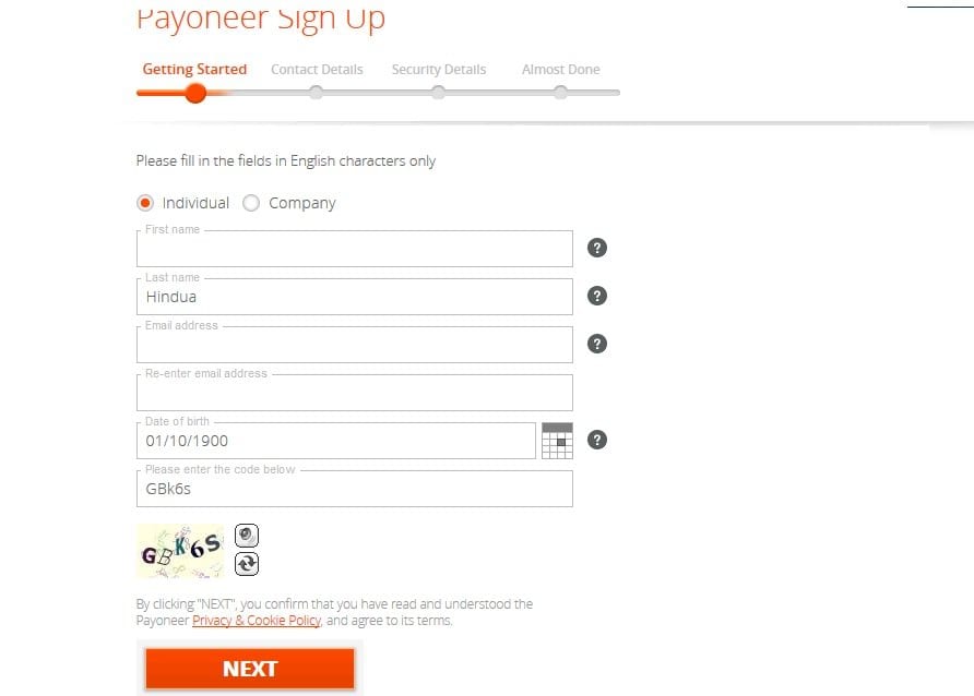 payoneer sign-up page