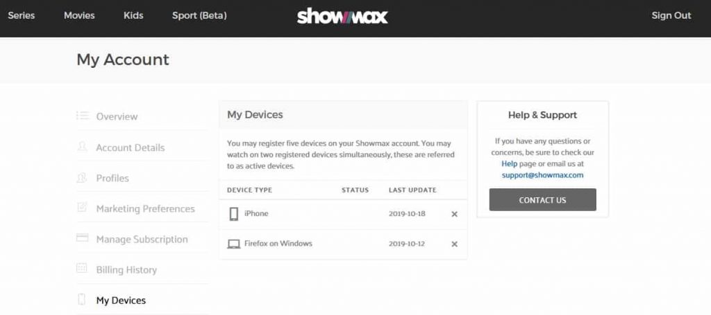 showmax my devices