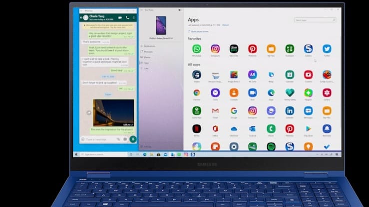Windows 10 PC running WhatsApp and Instagram side by side from a Galaxy Note 20